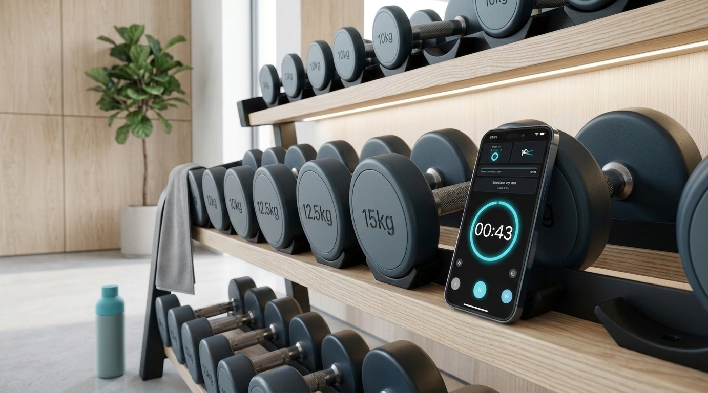 Dumbbell rack in a well-lit gym